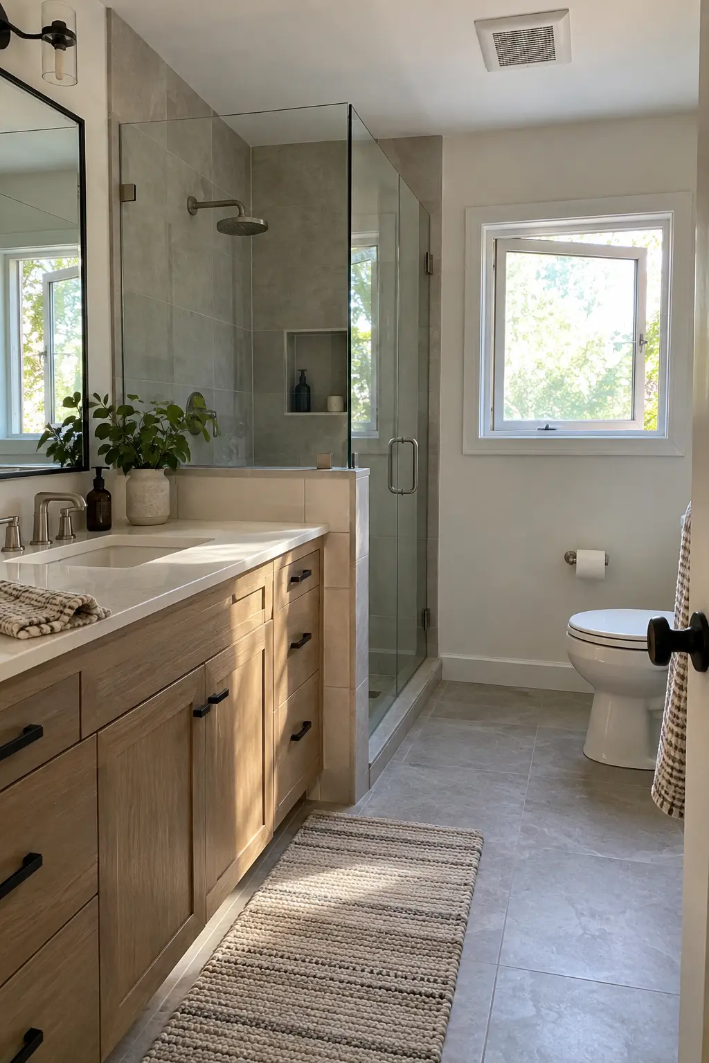 Double vanity bathroom with an exhaust fan, open window, and moisture-resistant finishes