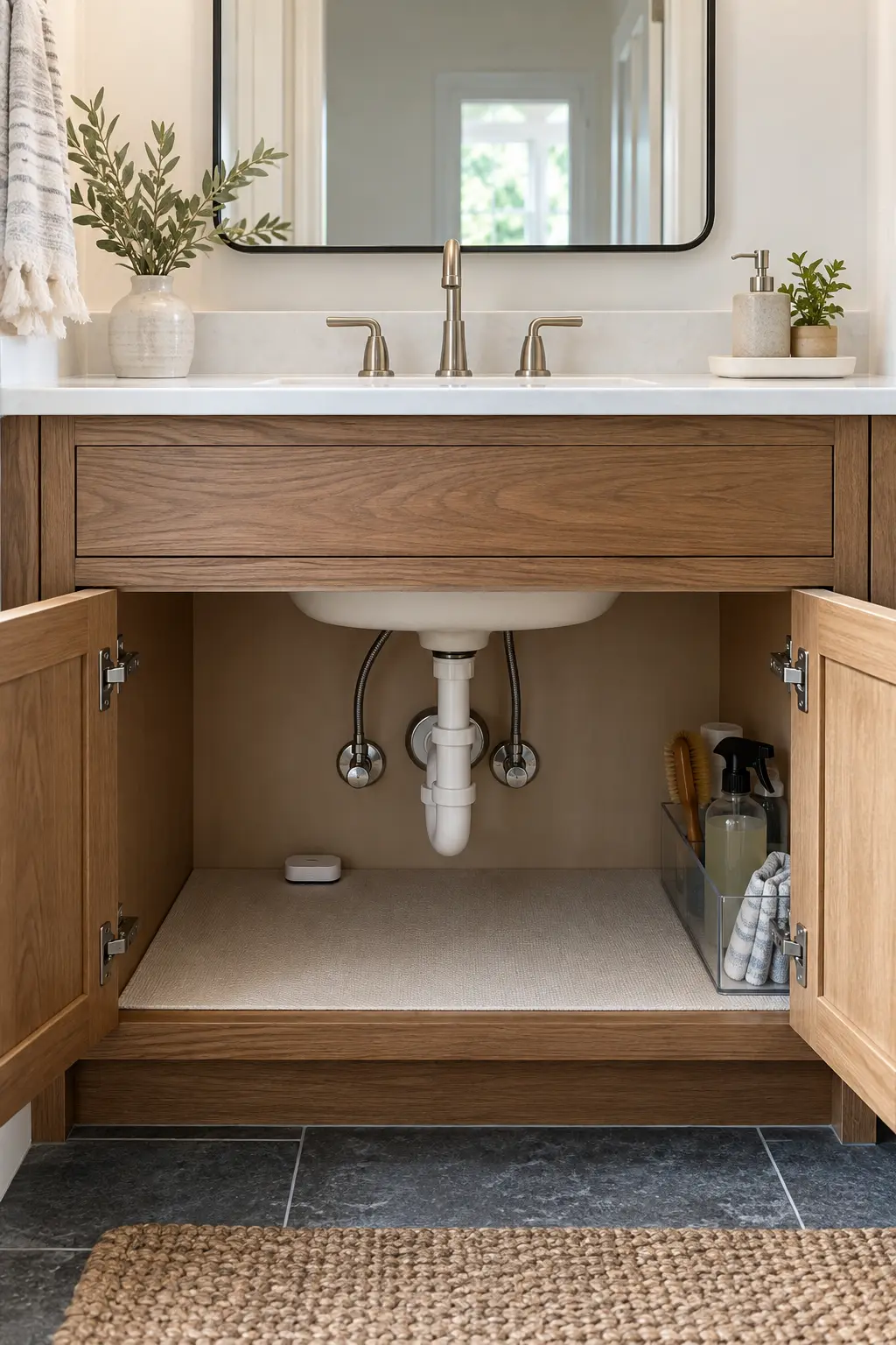 Rental bathroom double vanity organized with removable bins and trays