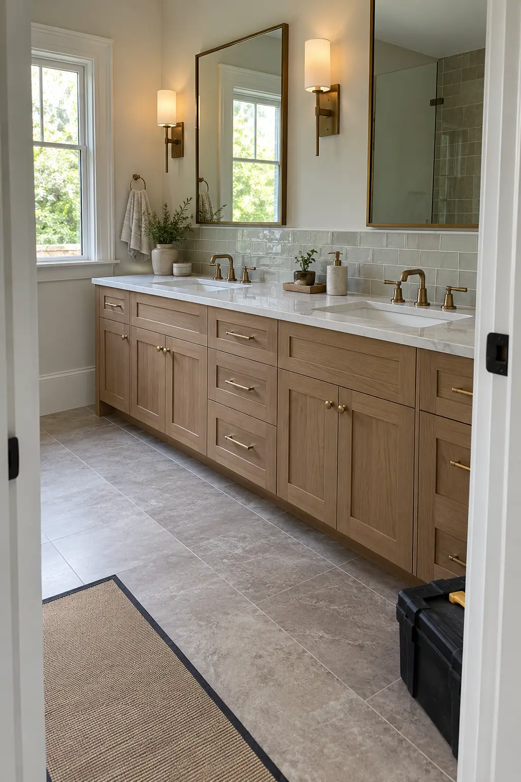 Double vanity with a stone splashback and painted beadboard above