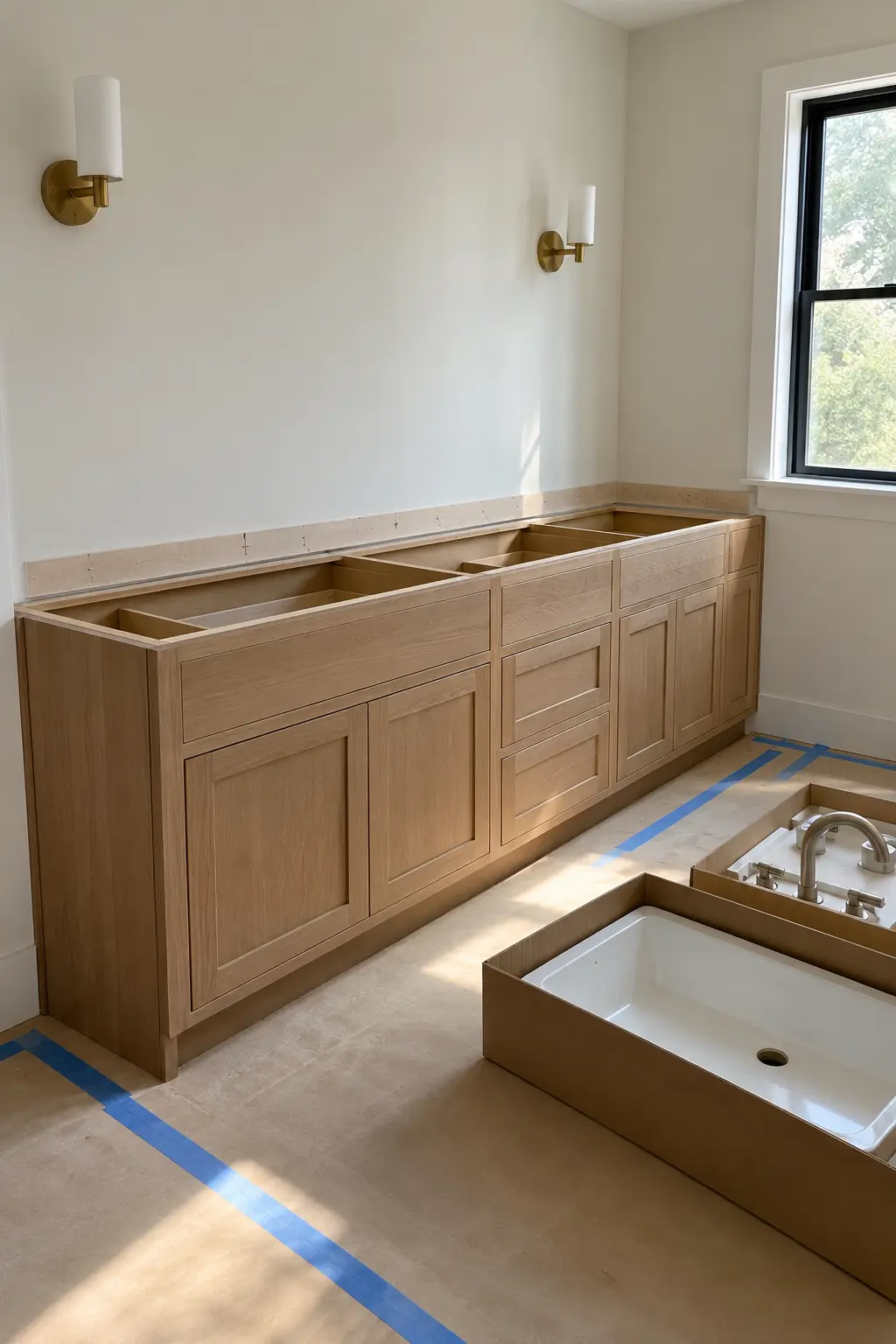 Double vanity set against full-height textured ivory tile