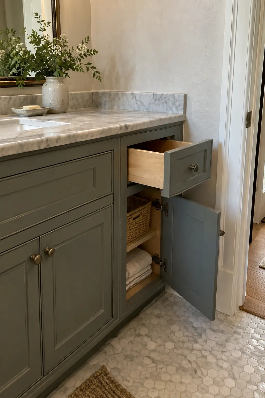 Refined farmhouse double vanity in natural oak with simple mirrors