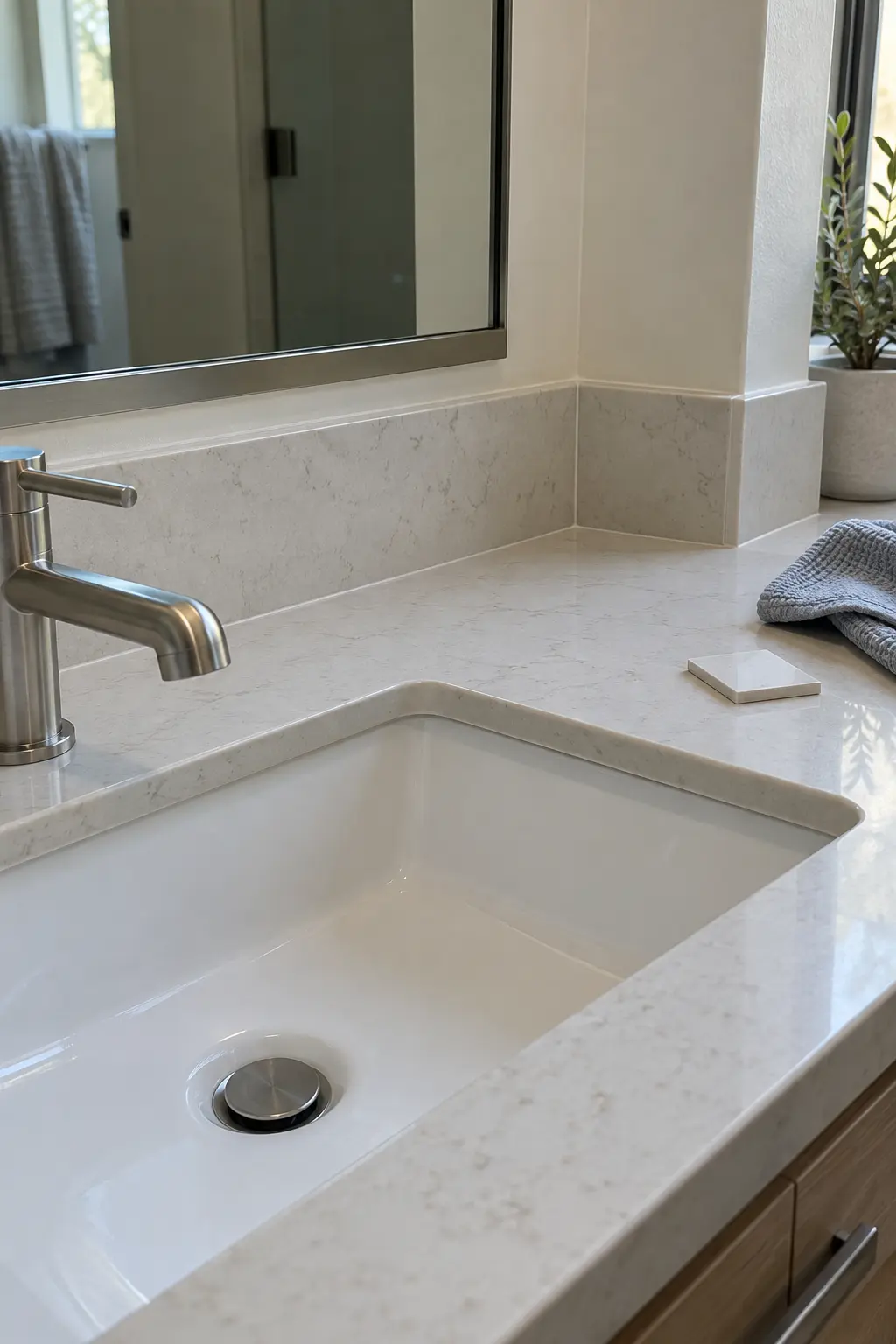 Well-maintained double vanity with clean caulk lines and dry counter edges