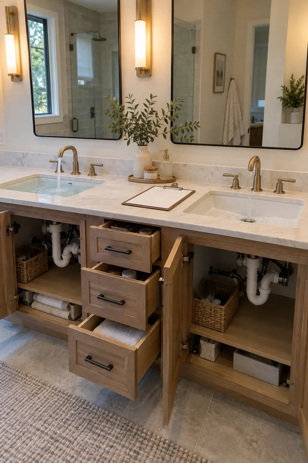 Double vanity with one small washable tray beside each sink