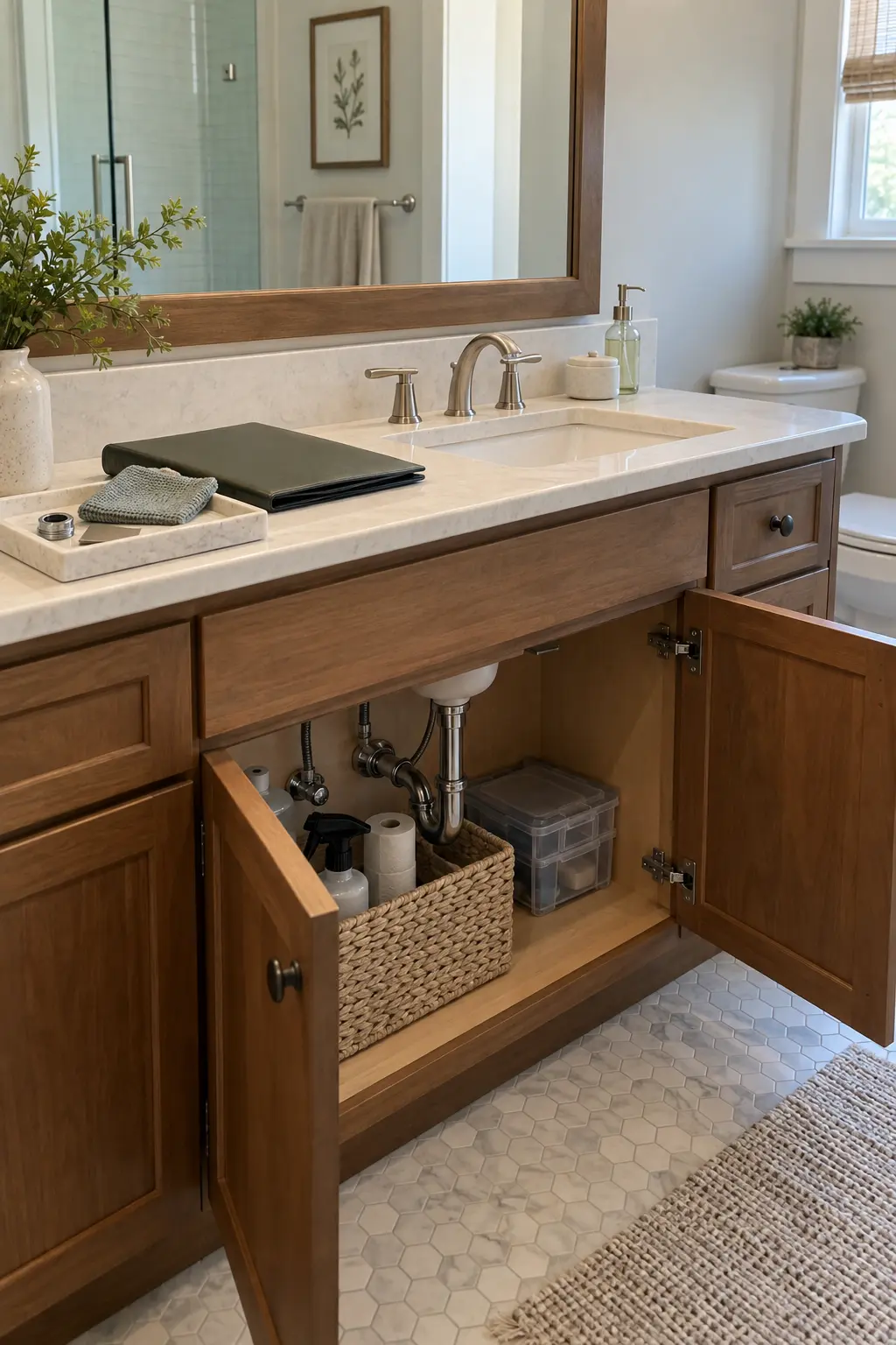 Double vanity beneath a high frosted bathroom window