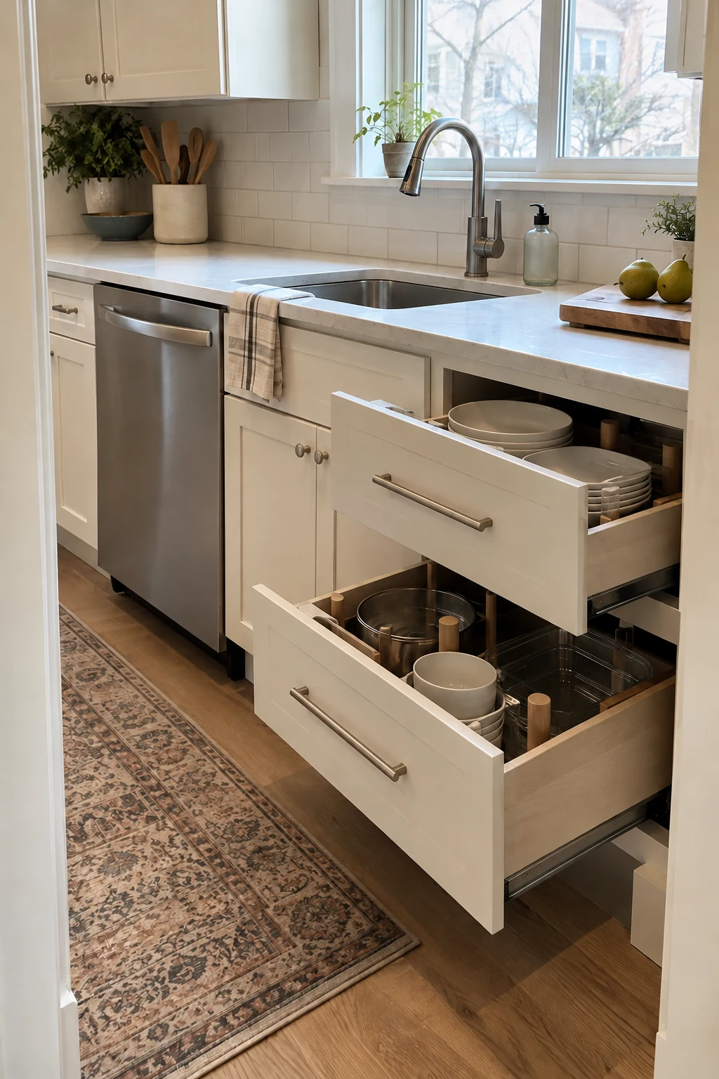 Open dish drawers positioned beside a dishwasher in a completed kitchen