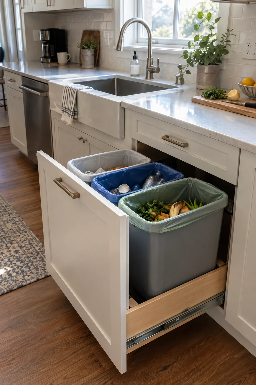 Open pullout with trash recycling and compost bins beside a prep counter
