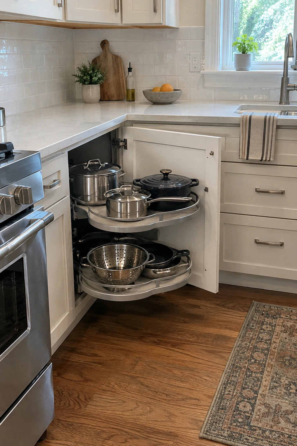 Kitchen blind corner cabinet open with a swingout storage mechanism