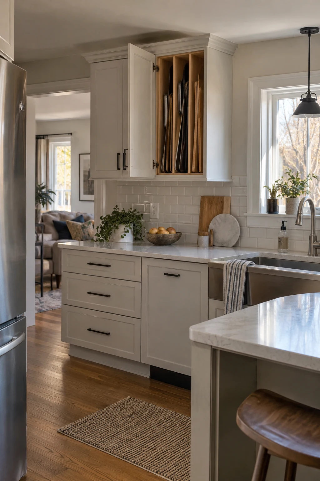Open narrow cabinet with vertical dividers for trays and cutting boards