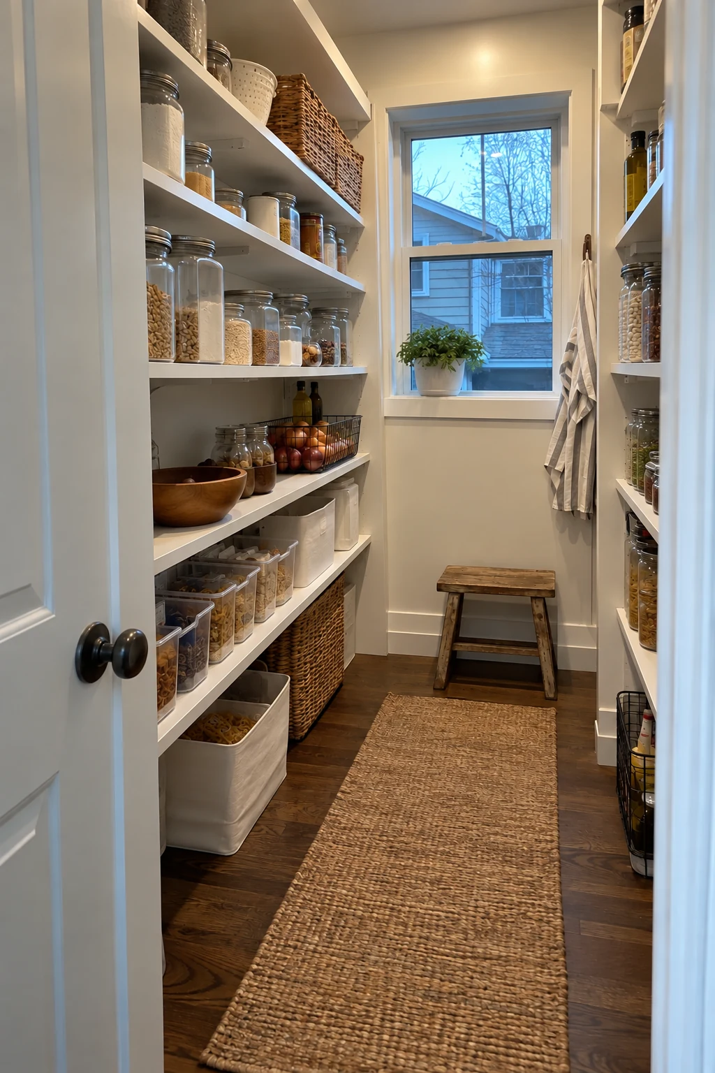 Walk-in pantry with shallow adjustable shelves and visible food storage