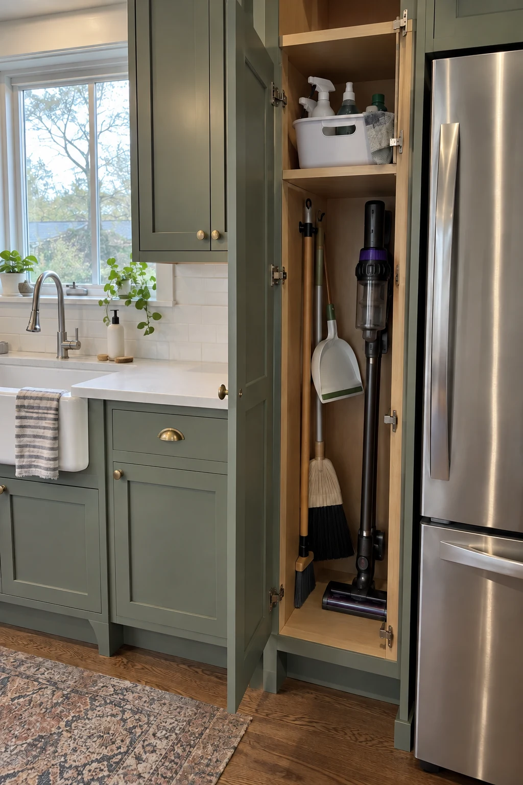 Open tall kitchen utility cabinet organized for broom vacuum and cleaning supplies