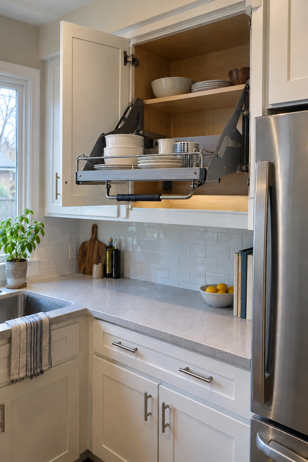 Upper kitchen cabinet open with a pull-down shelf lowered to counter height