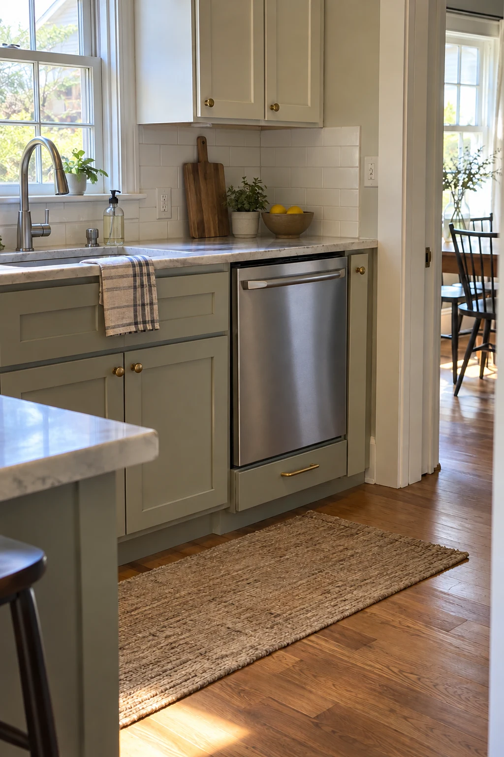 Dishwasher raised on a cabinet plinth beside a kitchen sink