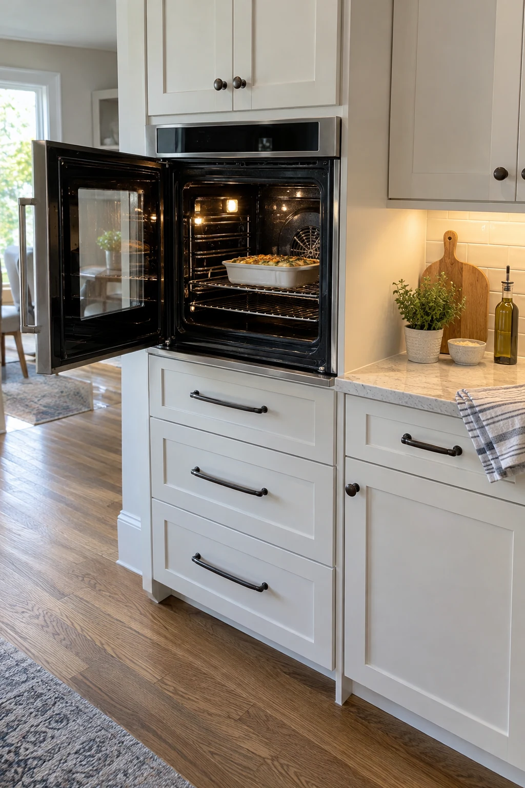 Side-opening wall oven beside a clear landing counter