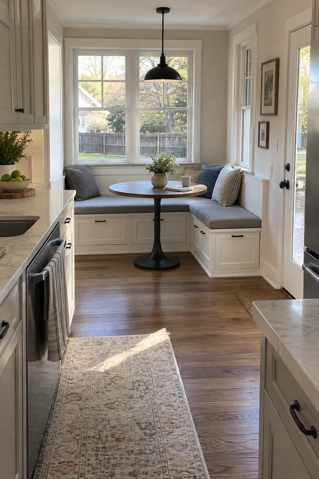 Kitchen breakfast nook with an L-shaped storage banquette