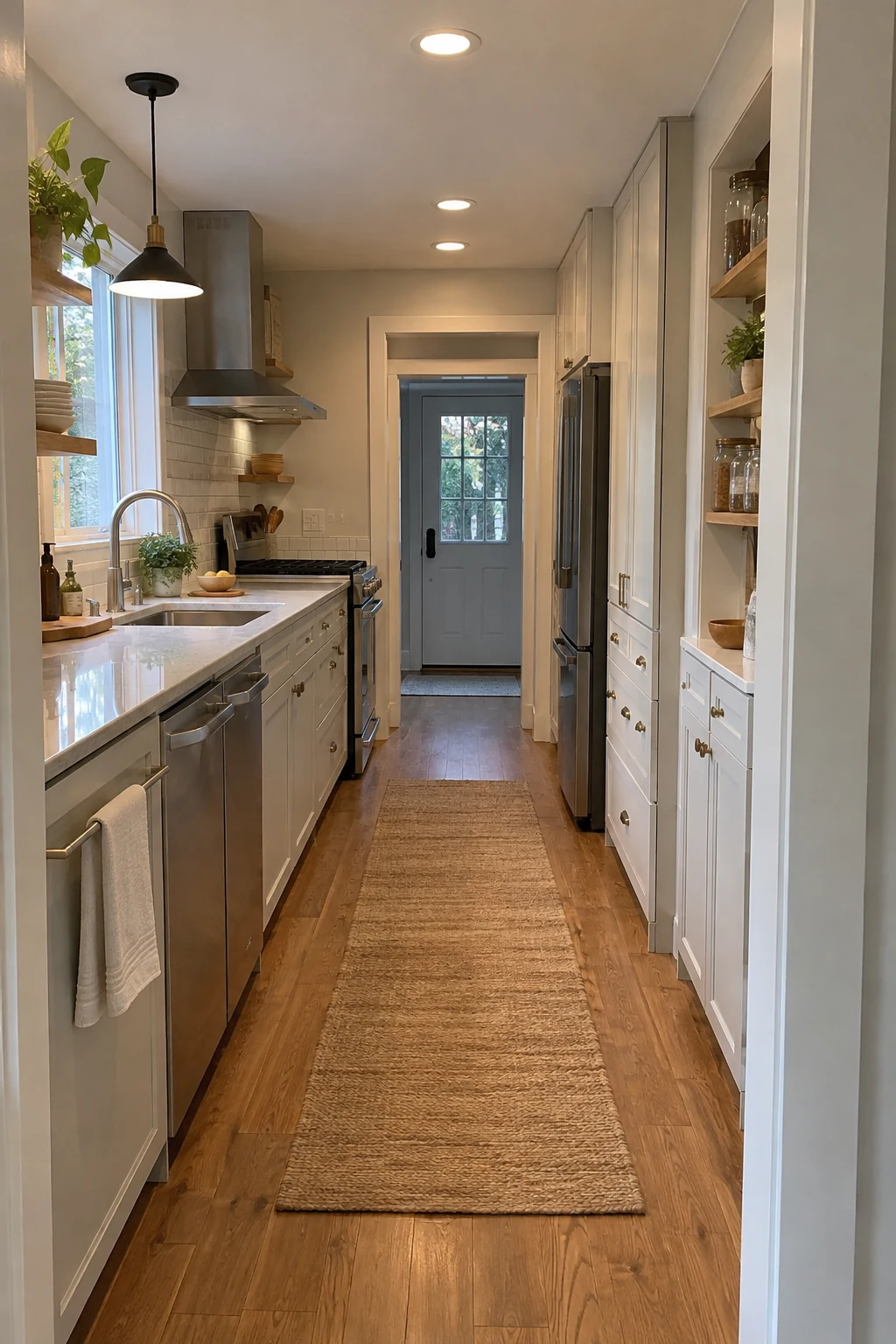 Narrow galley kitchen with slim-depth cabinets on one side