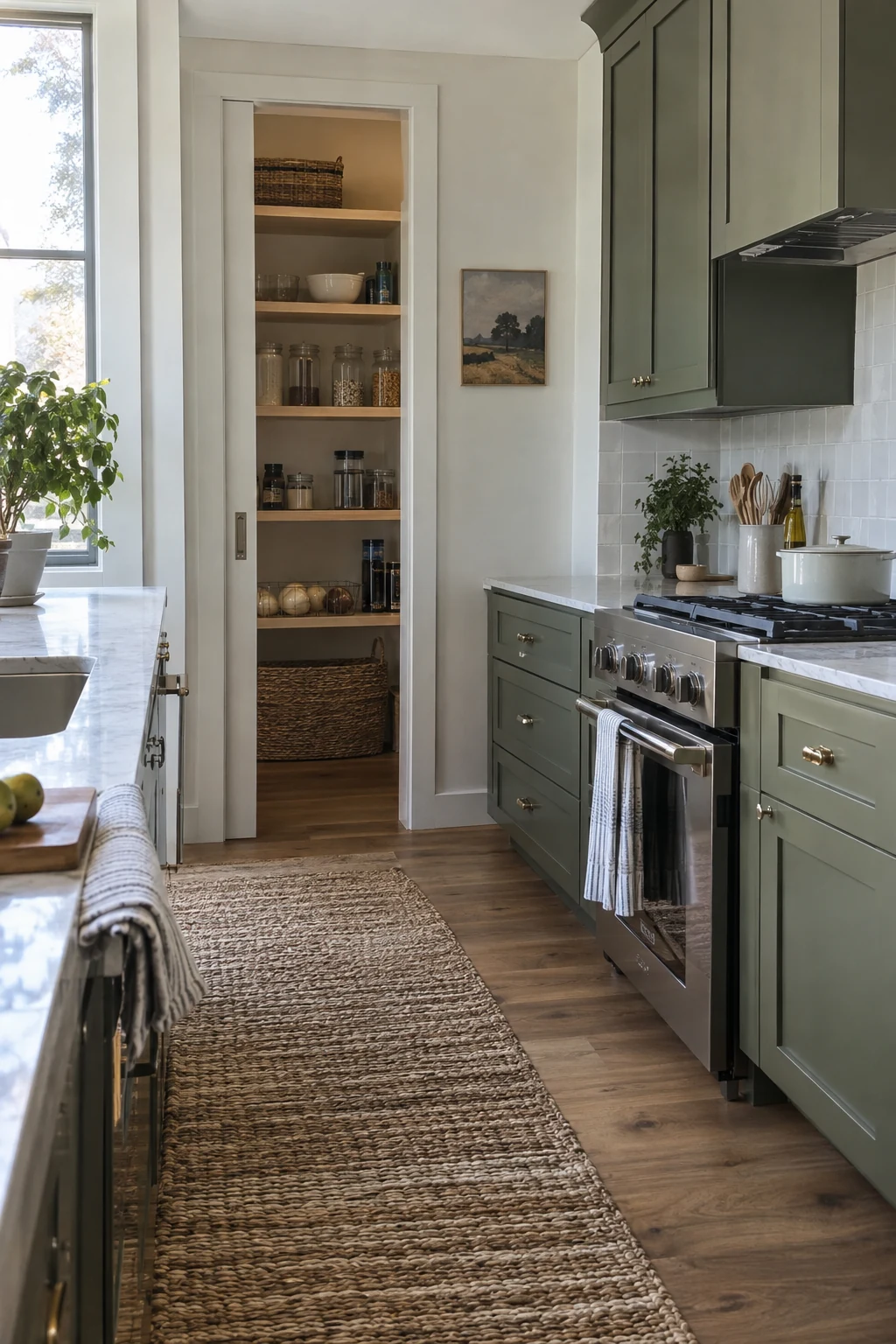 Kitchen pantry with a pocket door fully open inside the wall