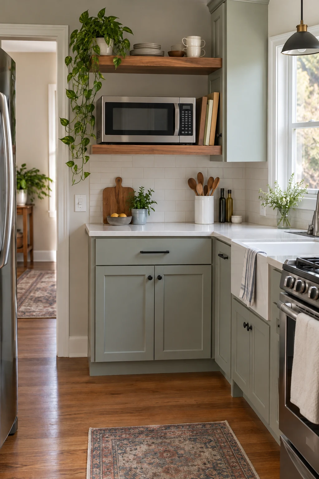 Microwave installed on a ventilated open shelf at easy-reach height