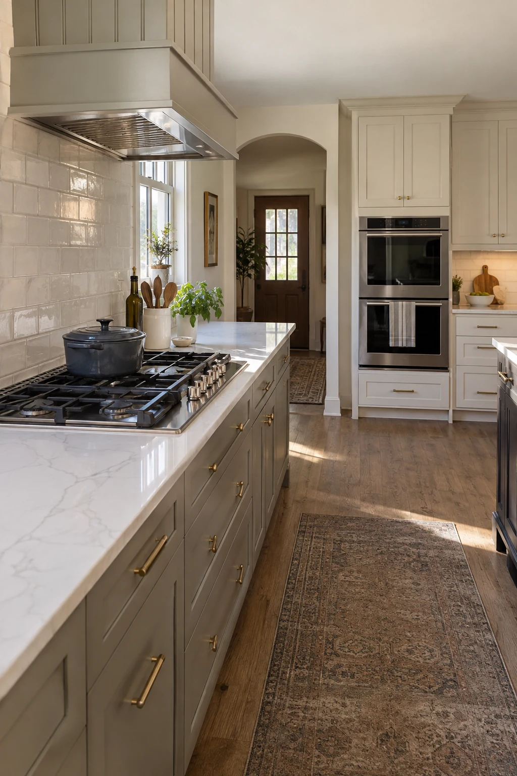 Kitchen with cooktop and wall oven in separate practical work zones
