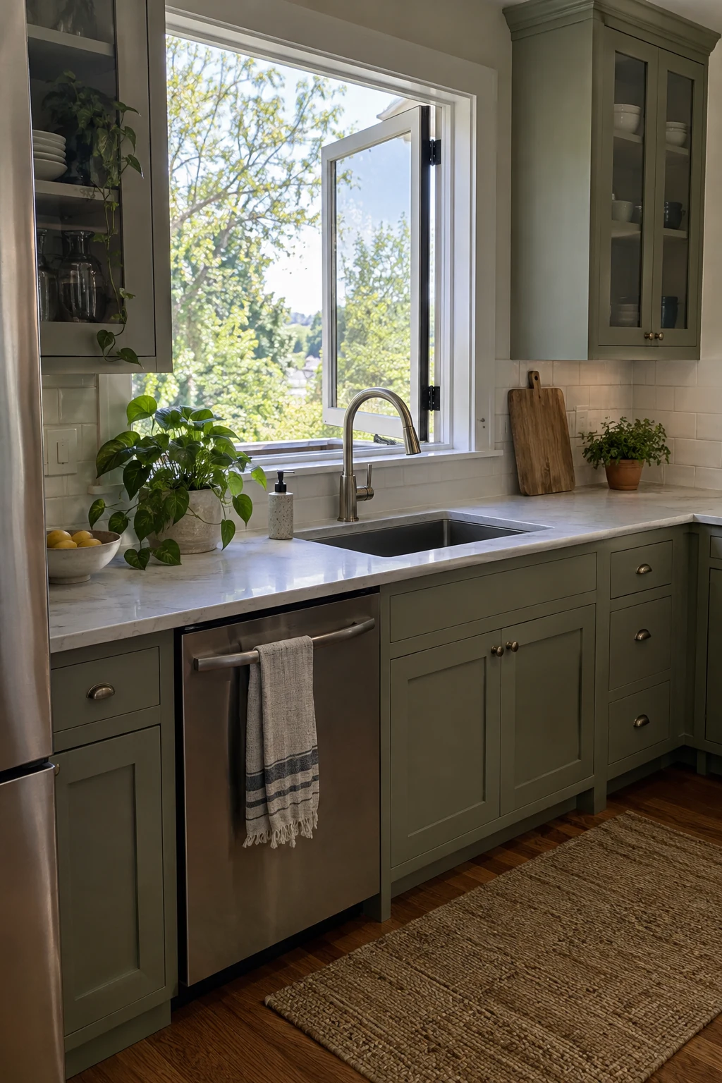 Kitchen sink beneath an operable window with clear faucet and sill spacing
