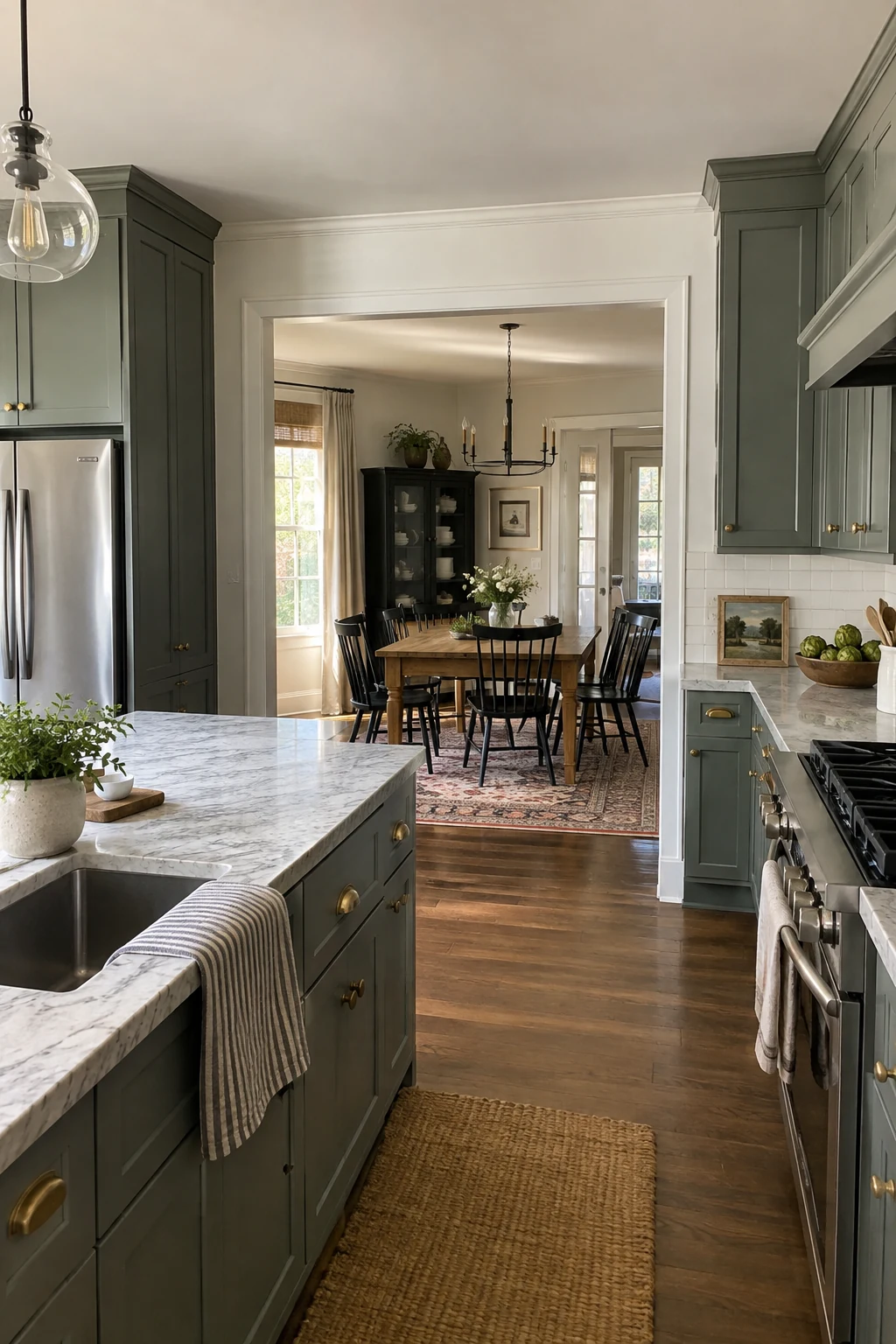 Kitchen connected to dining room through a wide cased opening
