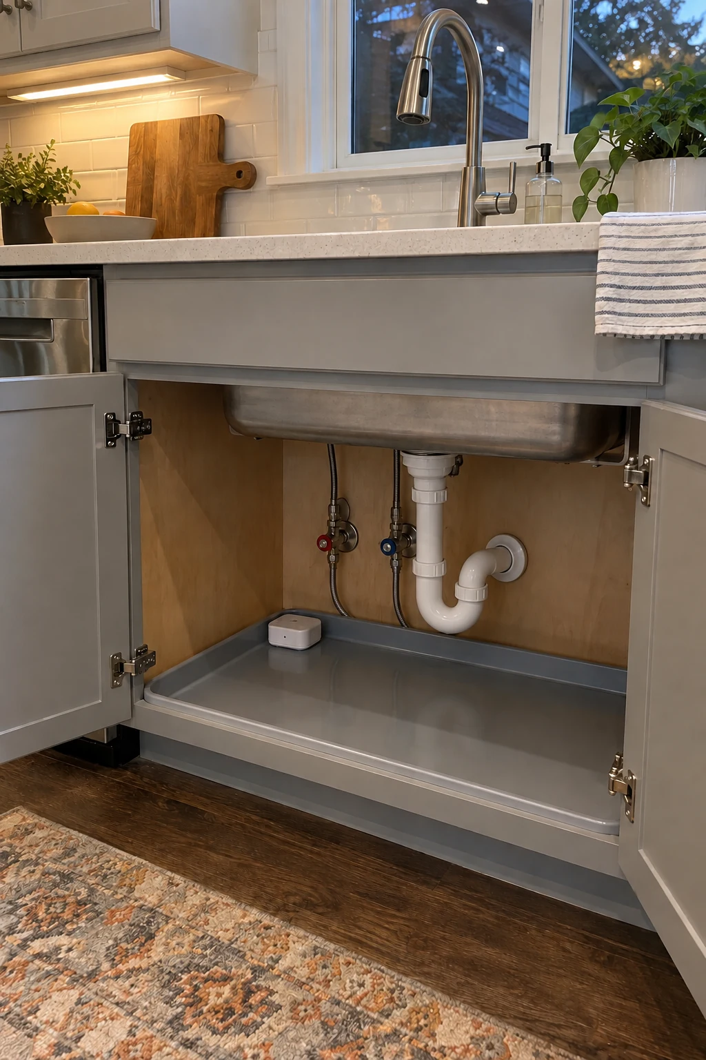 Open sink cabinet with waterproof tray accessible shutoffs and leak sensor