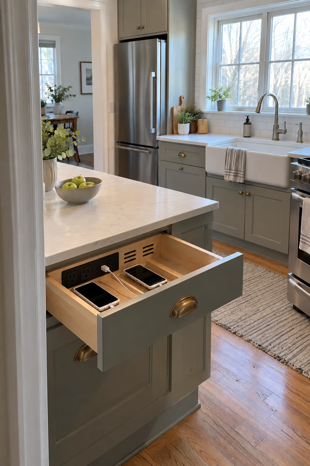 Open kitchen charging drawer with organized devices and ventilated power module