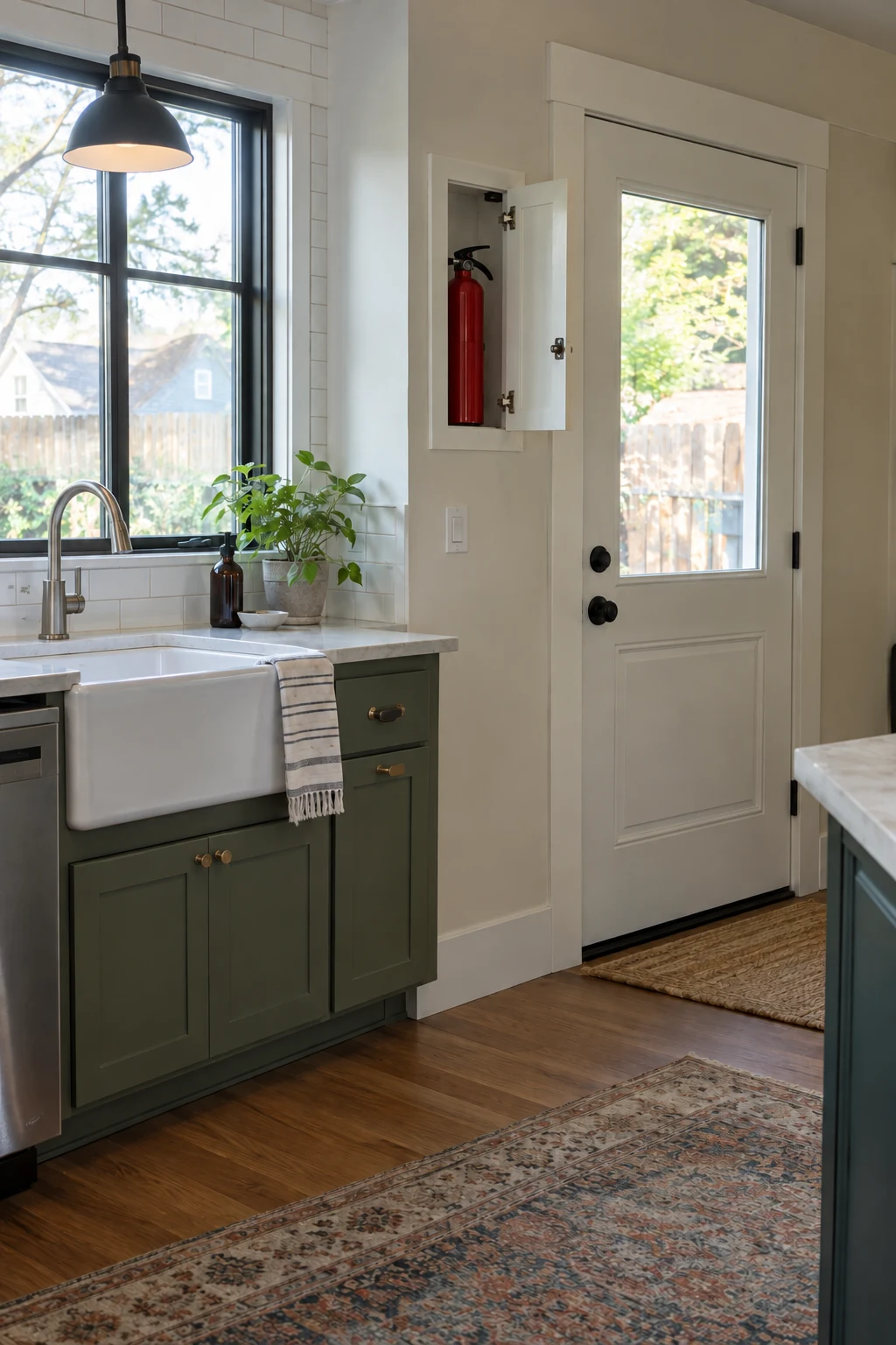Open recessed kitchen safety cabinet holding a fire extinguisher near an exit