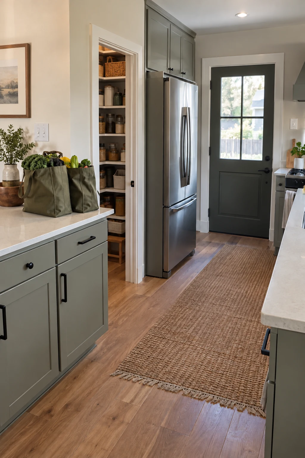 Kitchen entry with a clear grocery landing counter beside pantry and refrigerator