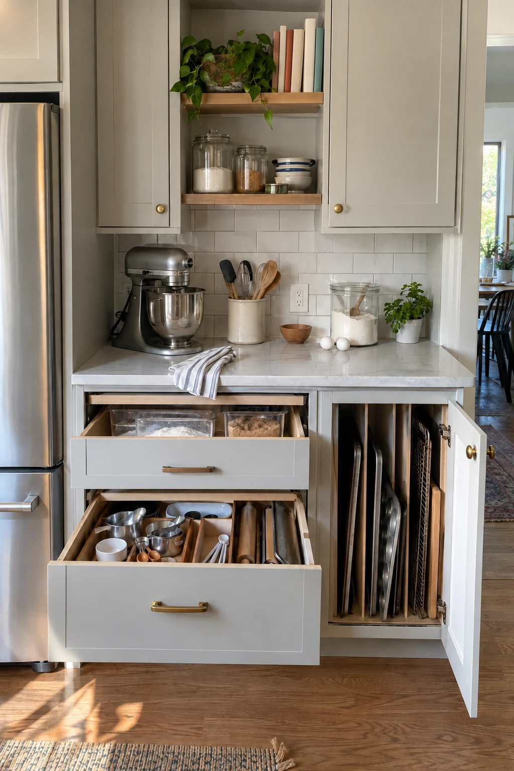 Kitchen baking center with mixer counter ingredient drawers and tray dividers