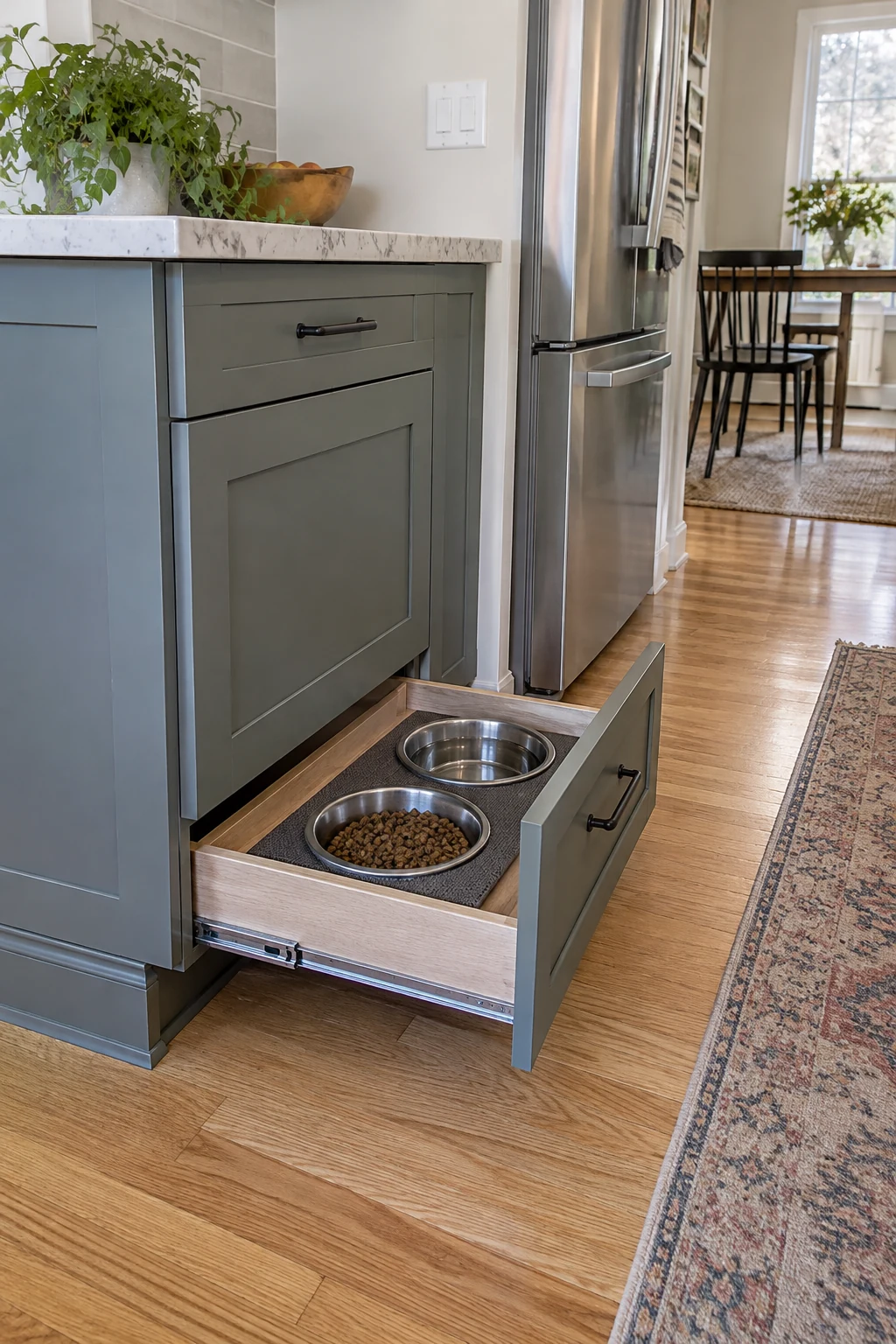 Kitchen cabinet pullout with two pet bowls outside the main walkway
