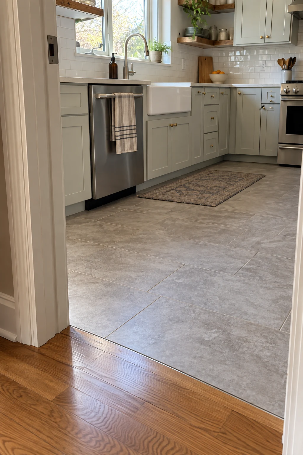 Kitchen entry with a smooth flush transition between two flooring materials