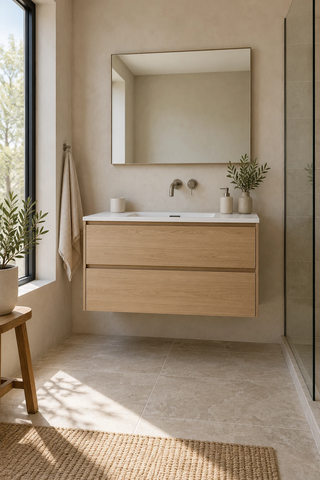 Modern bathroom with a floating wood vanity and open floor beneath