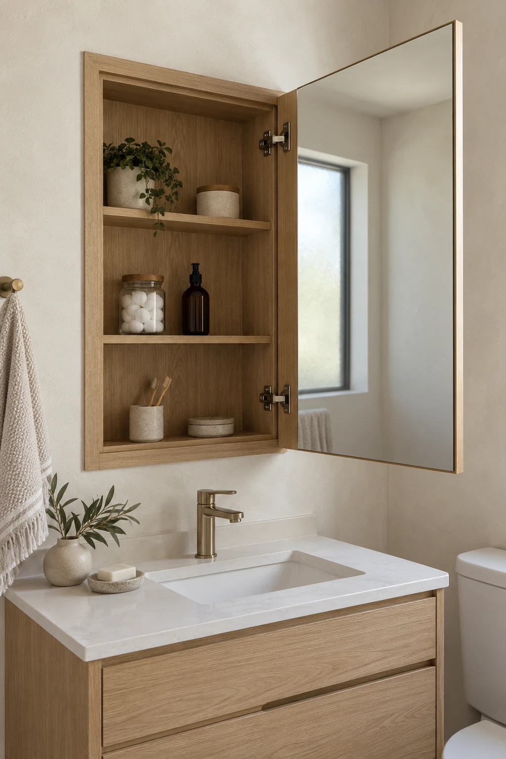 Modern bathroom with a recessed mirrored medicine cabinet