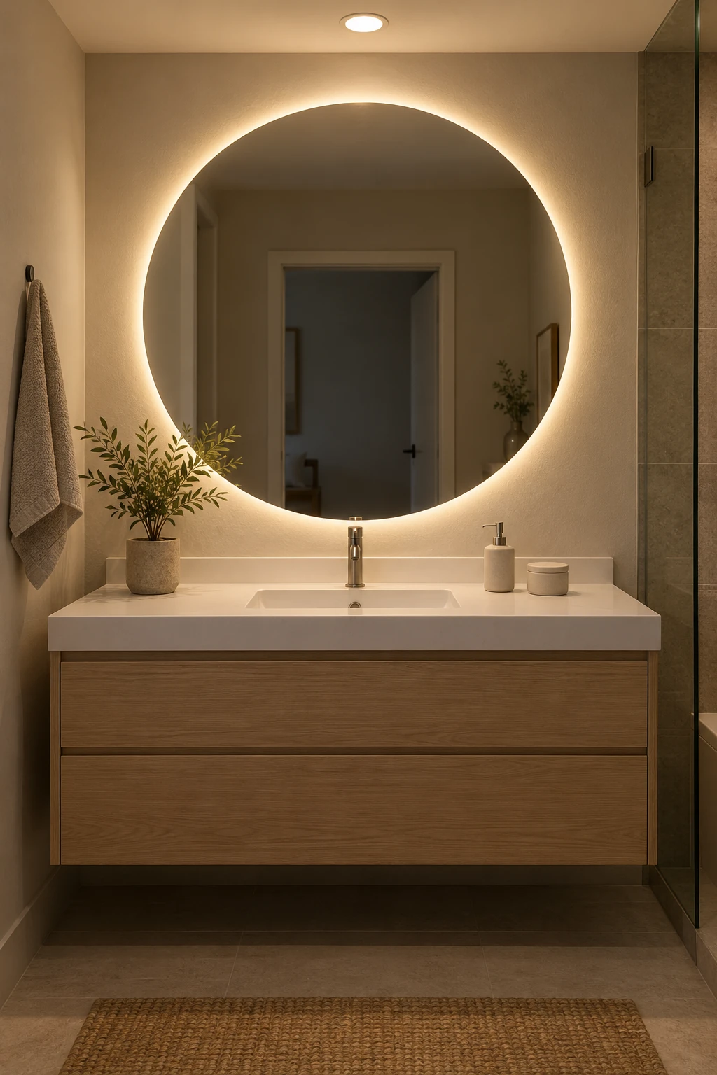 Modern bathroom with a softly backlit mirror and separate task lights