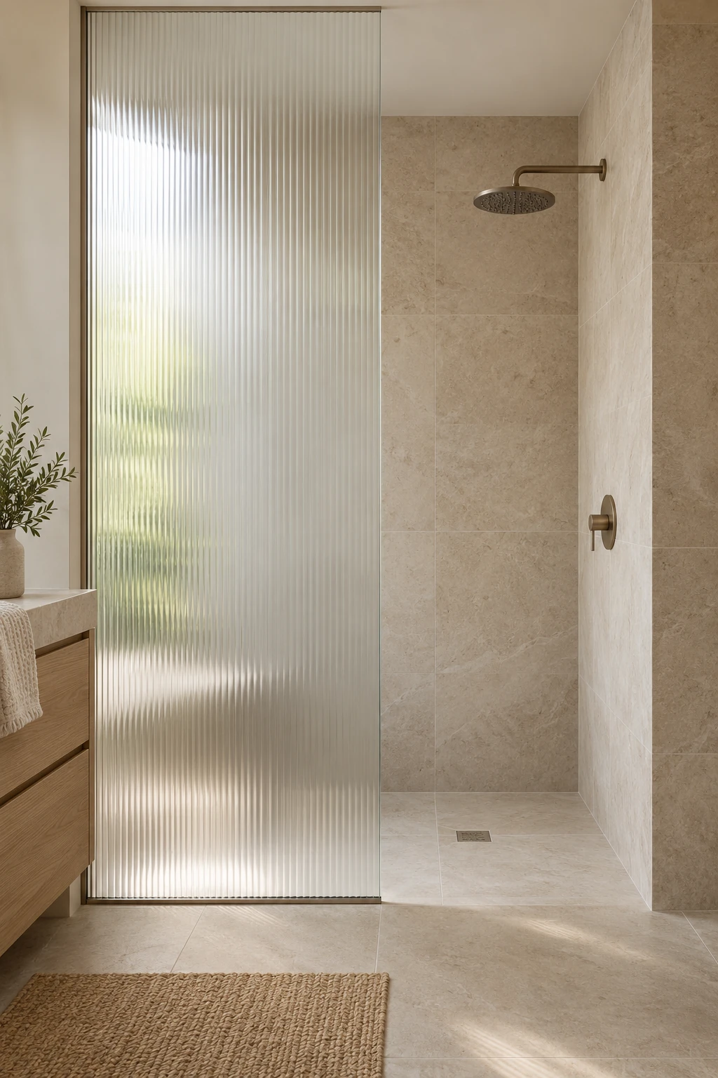 Modern walk-in shower with a floor-to-ceiling reeded glass privacy screen