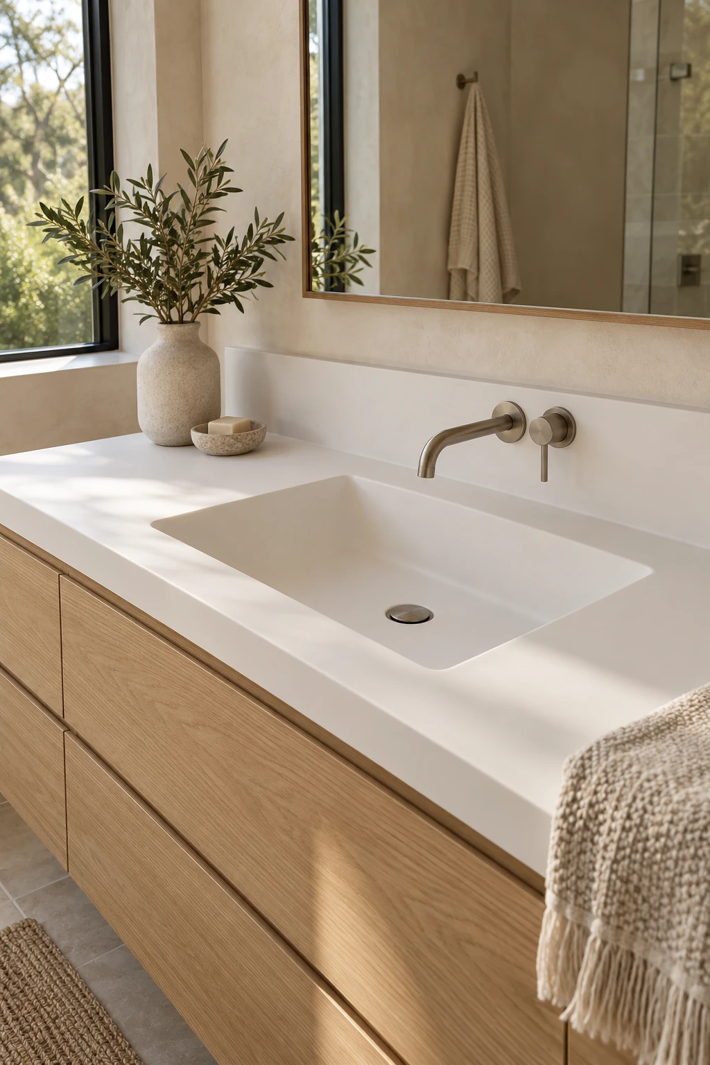 Modern oak vanity with a seamless integrated white sink and countertop