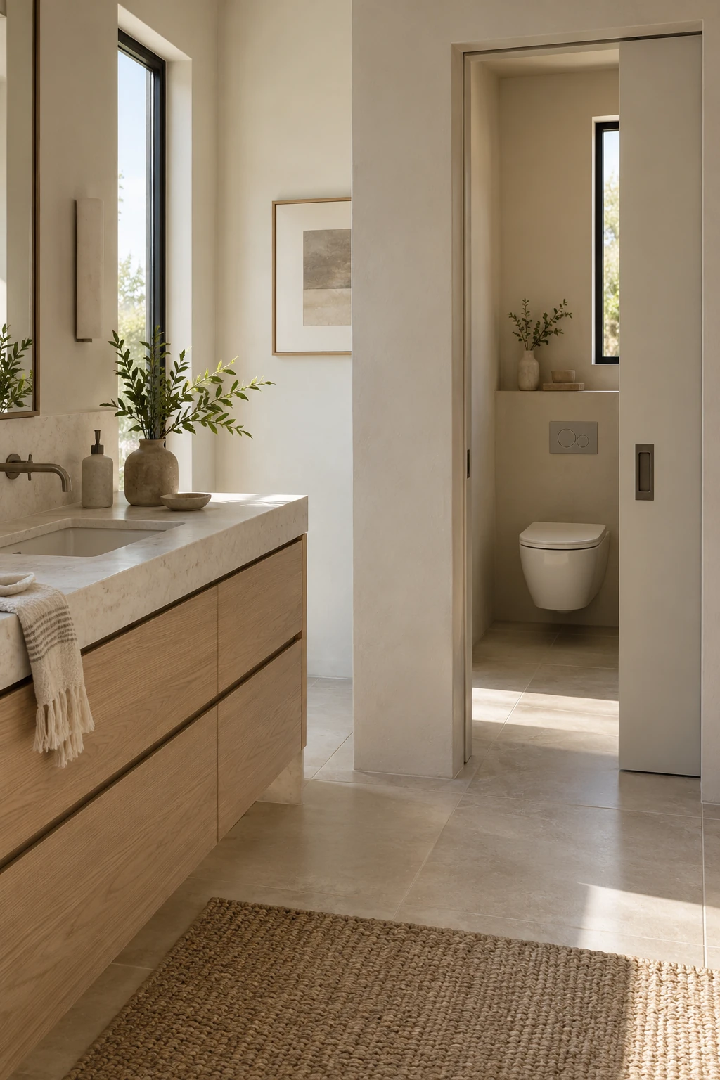 Modern bathroom with a toilet in a separate water closet behind a pocket door