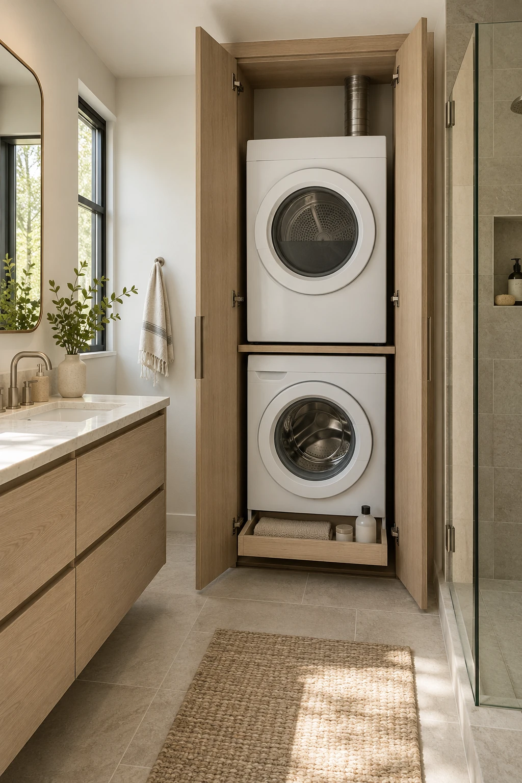 Modern bathroom with a stacked washer and dryer concealed in a tall oak cabinet