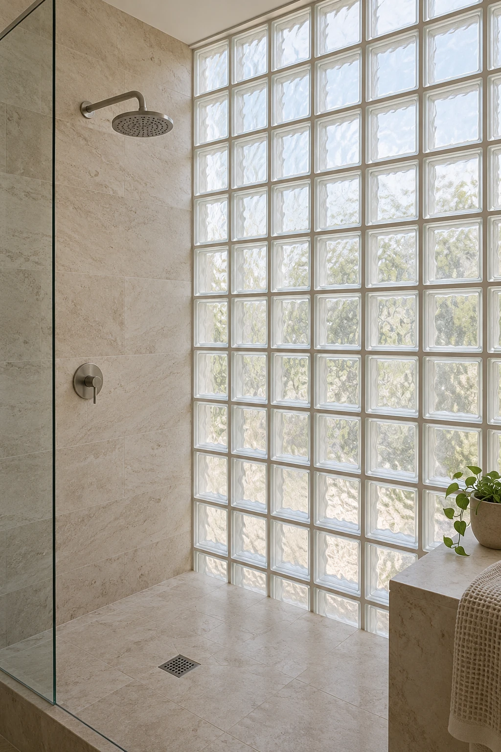 Modern shower beside a translucent floor-to-ceiling glass-block wall