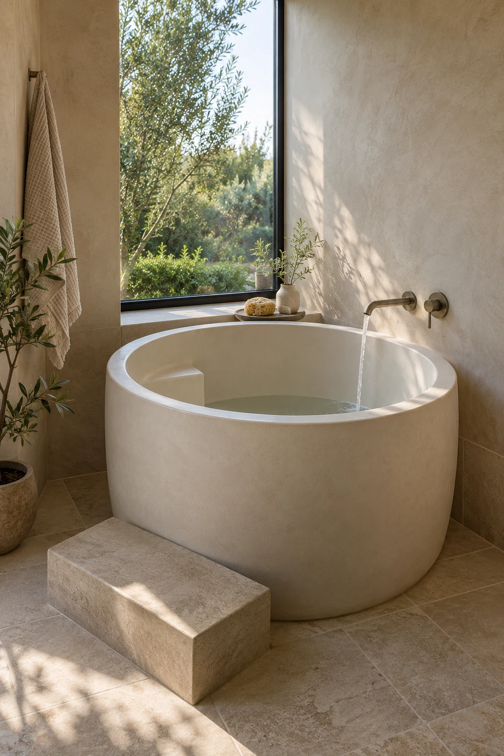 Compact modern bathroom with a short deep soaking tub and safe step