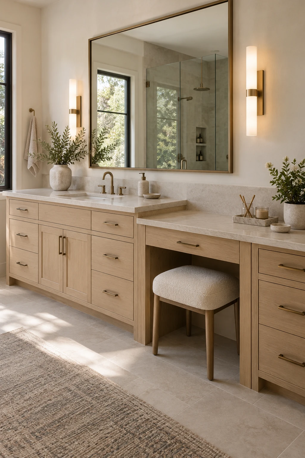 Long modern vanity with an integrated seated grooming station and stool