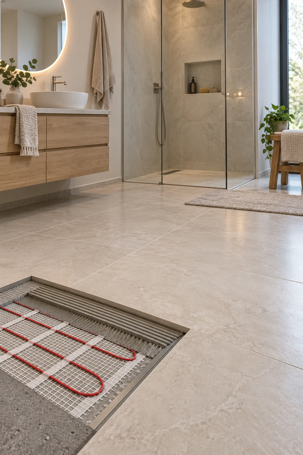 Modern bathroom floor with a cutaway showing an electric radiant heat mat beneath tile