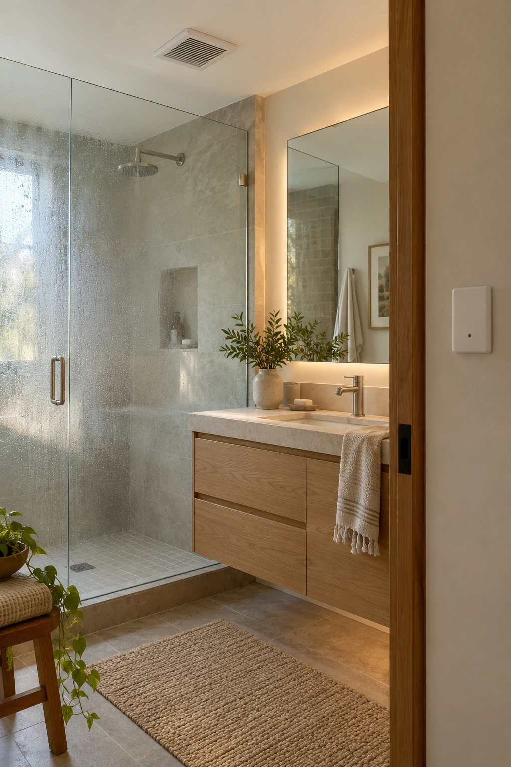 Modern bathroom with a low-profile ceiling exhaust fan and humidity sensor switch