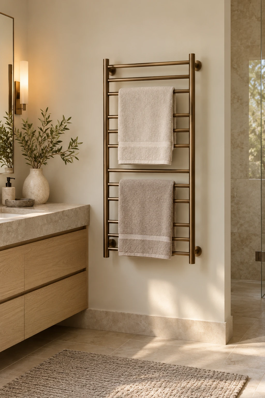 Modern bathroom with two towels on a wall-mounted heated rail