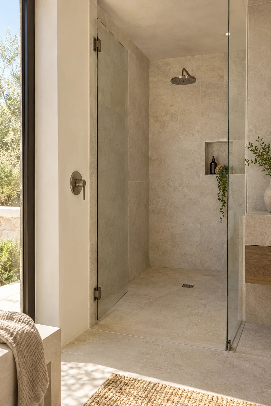 Walk-in shower with controls near the entrance and shower head farther inside