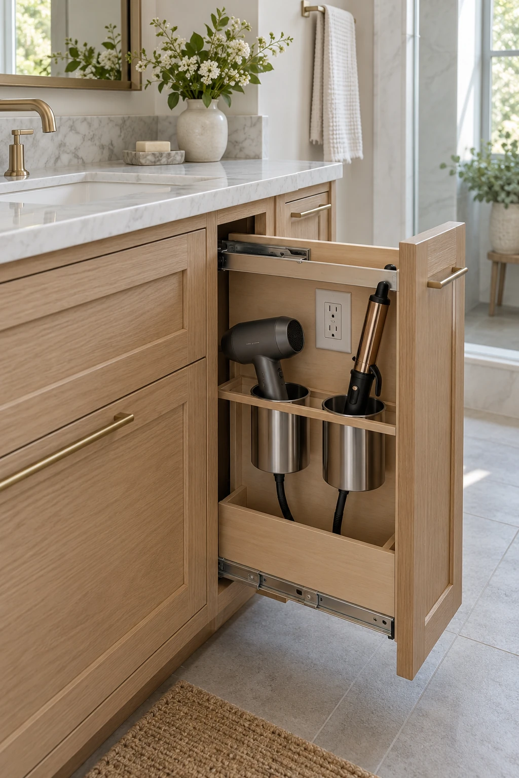 Open vanity pull-out with an interior outlet and organized hair tools