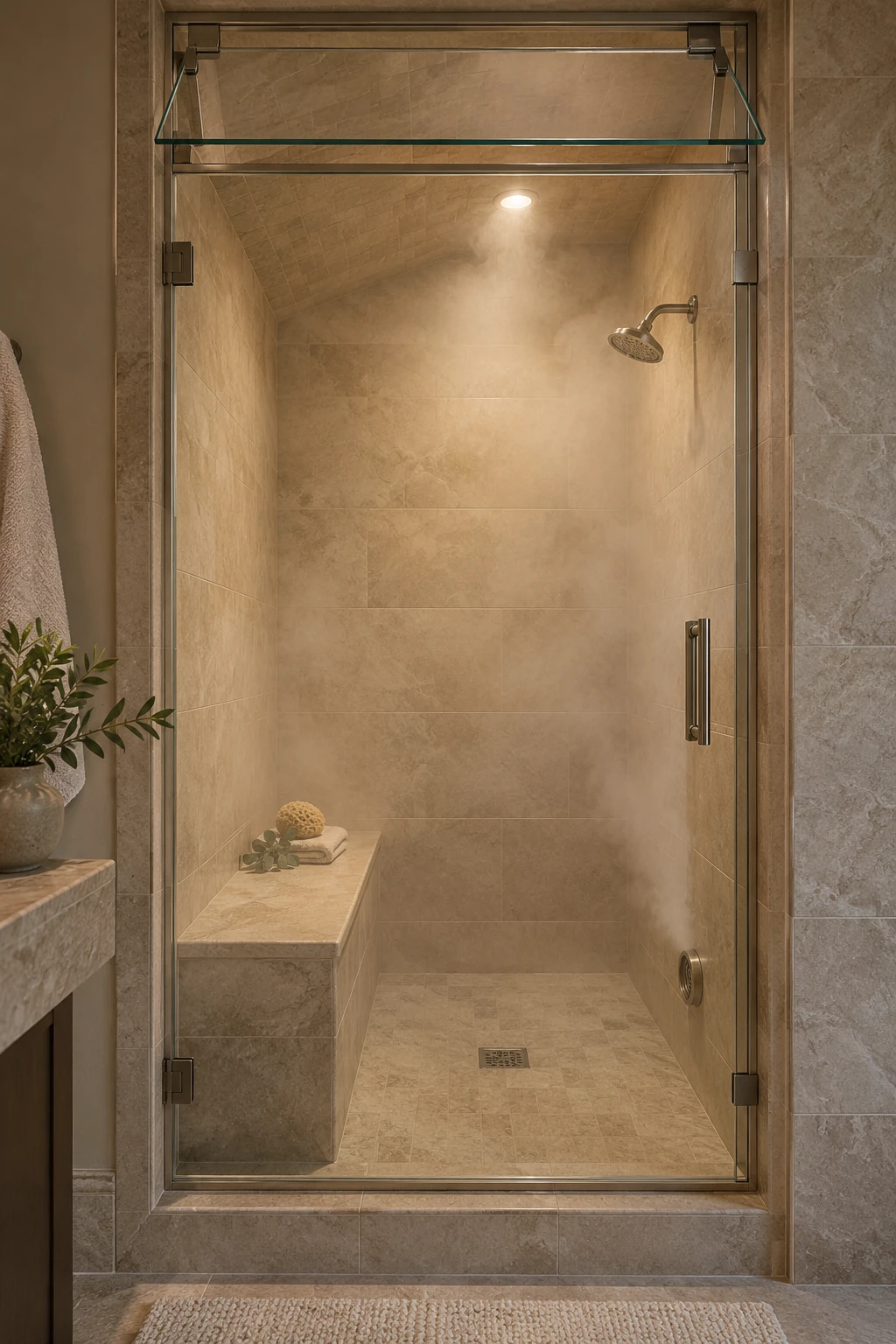 Fully enclosed modern steam shower with a bench and operable glass transom