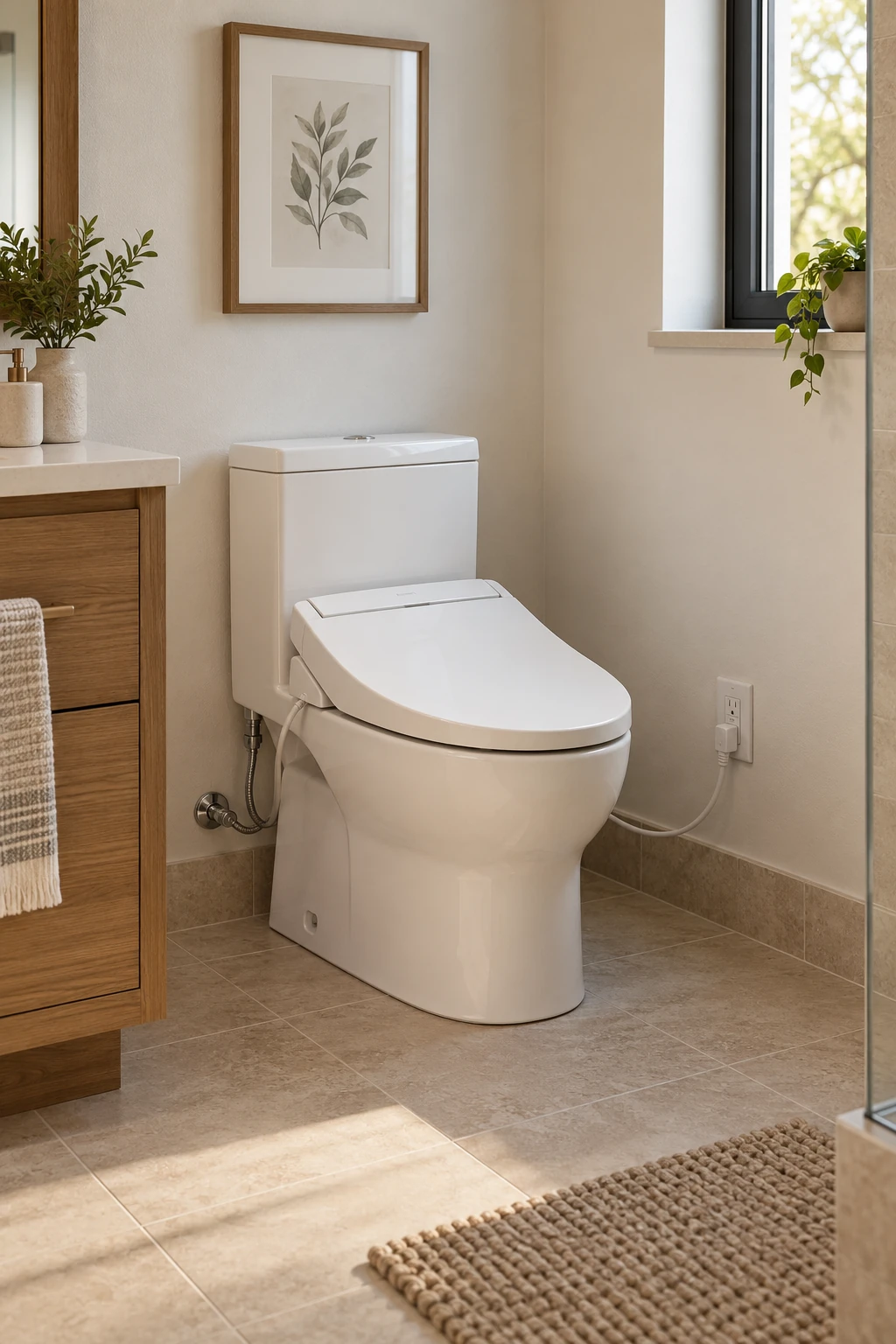 Modern toilet with a bidet seat connected to a nearby protected wall outlet