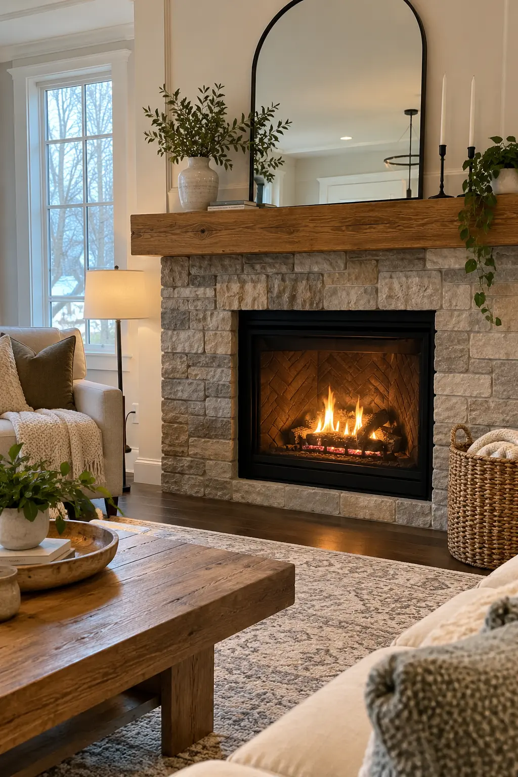 Strip Back the Red and Plaid for winter fireplace decor after Christmas