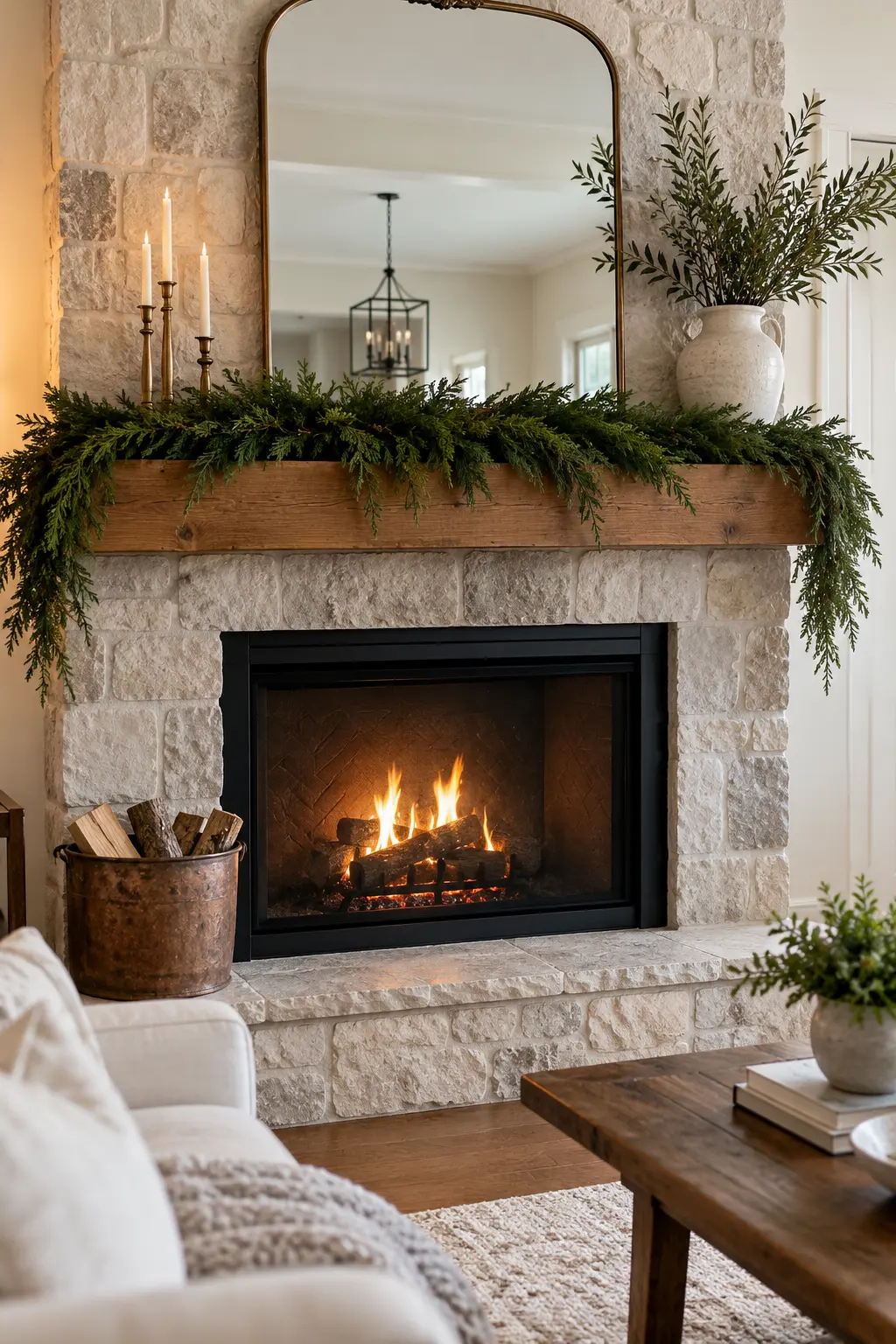 Keep a Plain Evergreen Garland for winter fireplace decor after Christmas